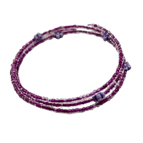 Delicate Beaded Wire Bracelet Adjustable Purple Flowers - Picture 2 of 5